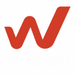 Logo for Win Advisors featuring a stylized red "W" above the text "WIN ADVISORS" in white capital letters, set against a black background.