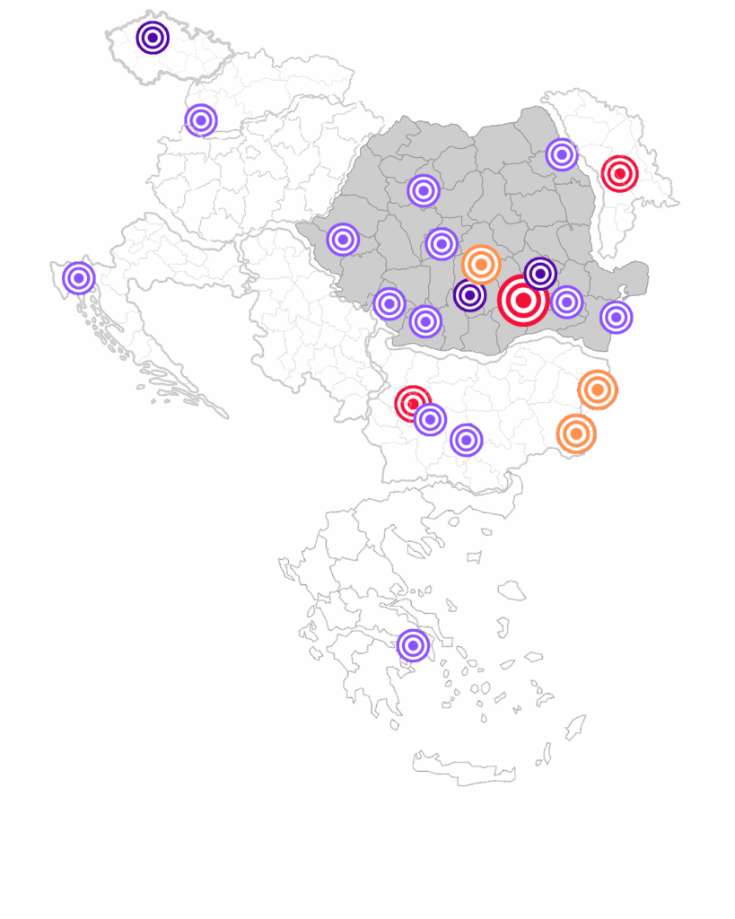 A map of places of Win Advisors Projects with marked locations in purple, orange, and red concentric circles, highlighting various cities and regions. Surrounding countries are outlined in black.