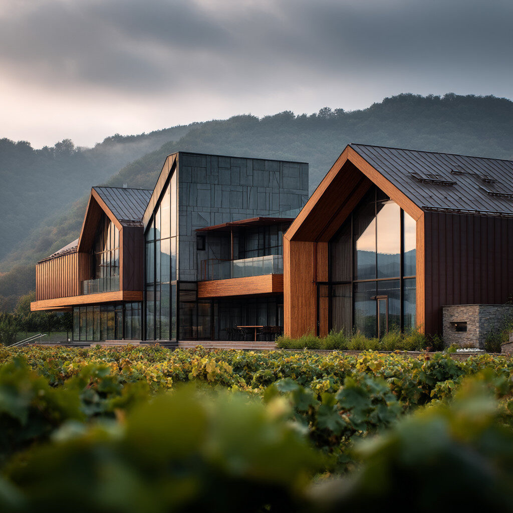 Modern building with large glass windows and wooden accents, set against hills and surrounded by greenery under a cloudy sky.