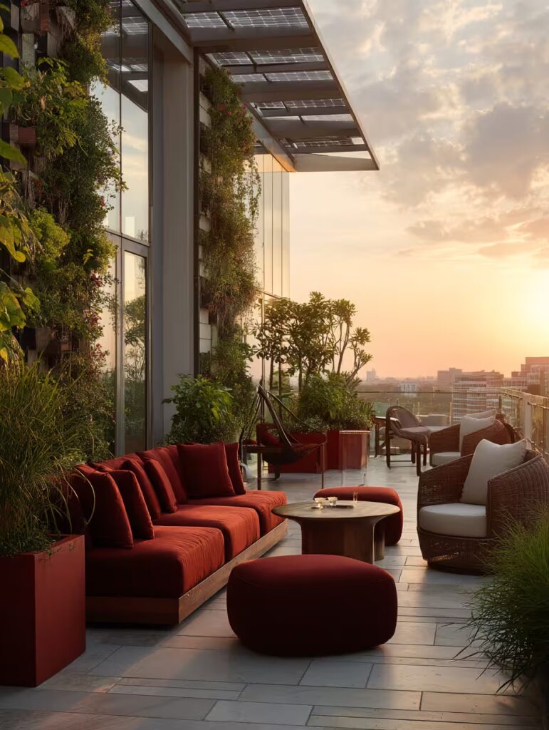Modern rooftop terrace with red cushioned seating, green plants, and glass walls overlooking a cityscape at sunset.