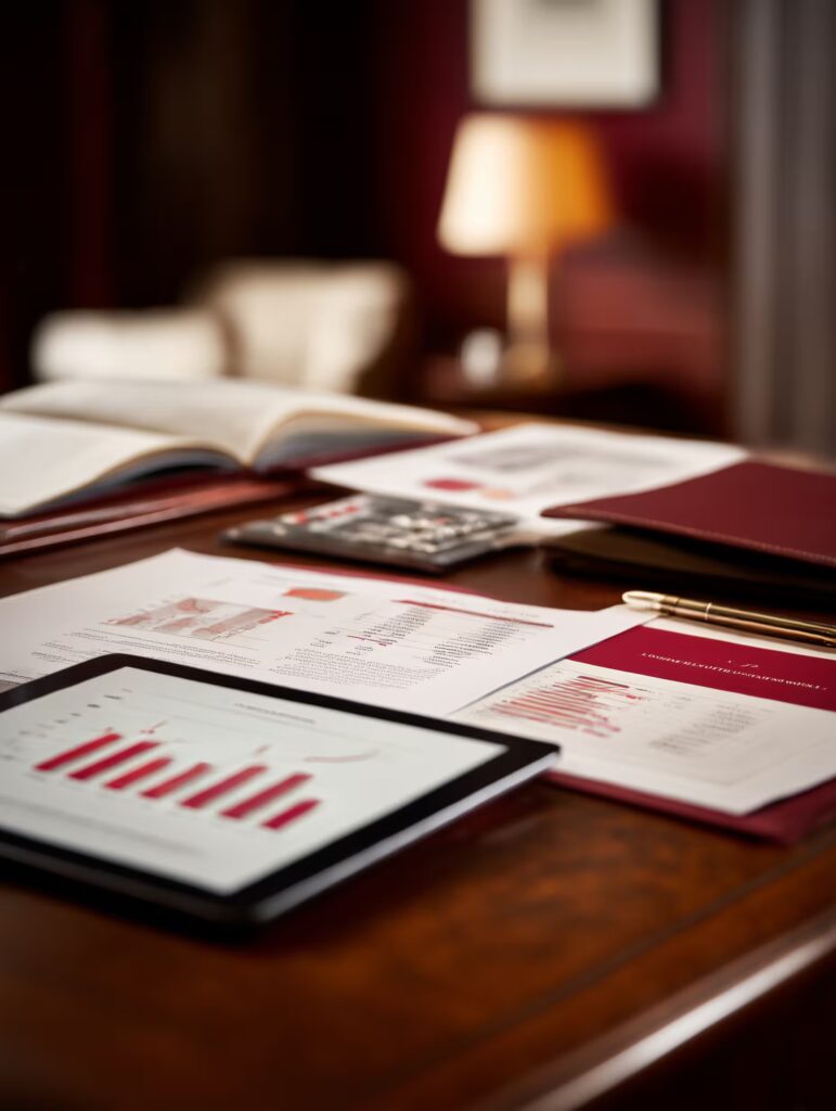 A tablet, printed financial charts, a calculator, a pen, and an open book are arranged on a wooden desk in a softly lit office.