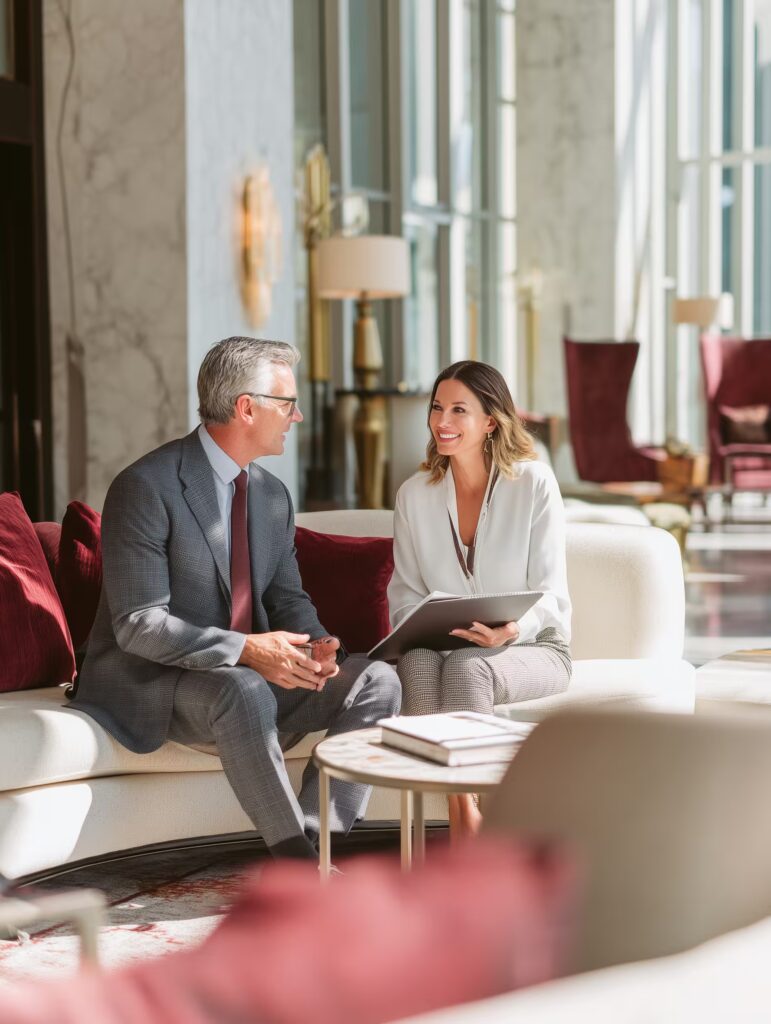 Two professionals sit on a white sofa in a modern office lounge, having a discussion. The man wears a gray suit and the woman holds a tablet, both appear engaged in conversation. Two professionals sit on a white sofa in a modern office lounge, having a discussion. The man wears a gray suit and the woman holds a tablet, both appear engaged in conversation.