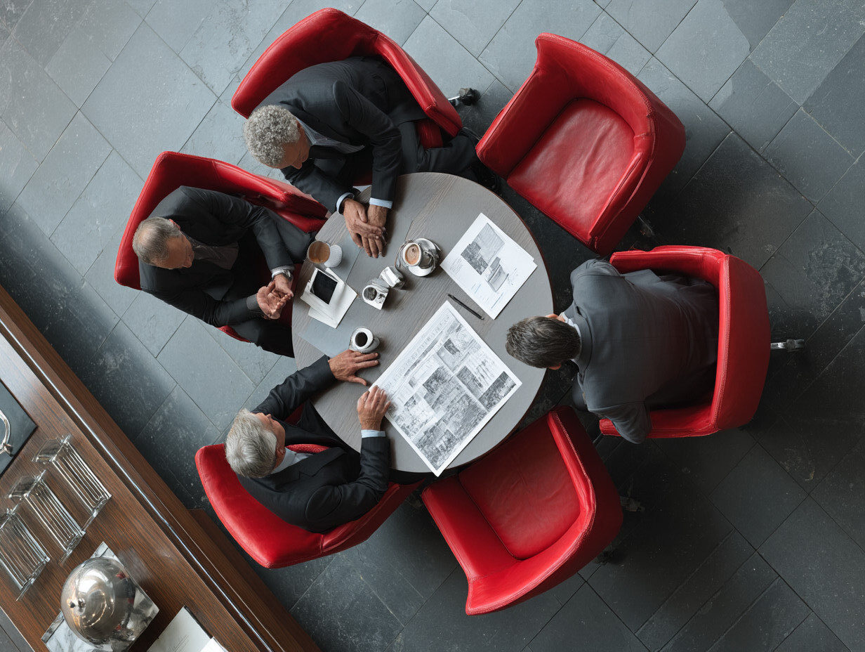 Four men in suits sit around a round table with newspapers, coffee cups, and documents in a modern setting with red chairs, viewed from above. Four men in suits sit around a round table with newspapers, coffee cups, and documents in a modern setting with red chairs, viewed from above.